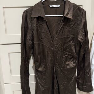 Zara Dark Brown Satin button up with slit